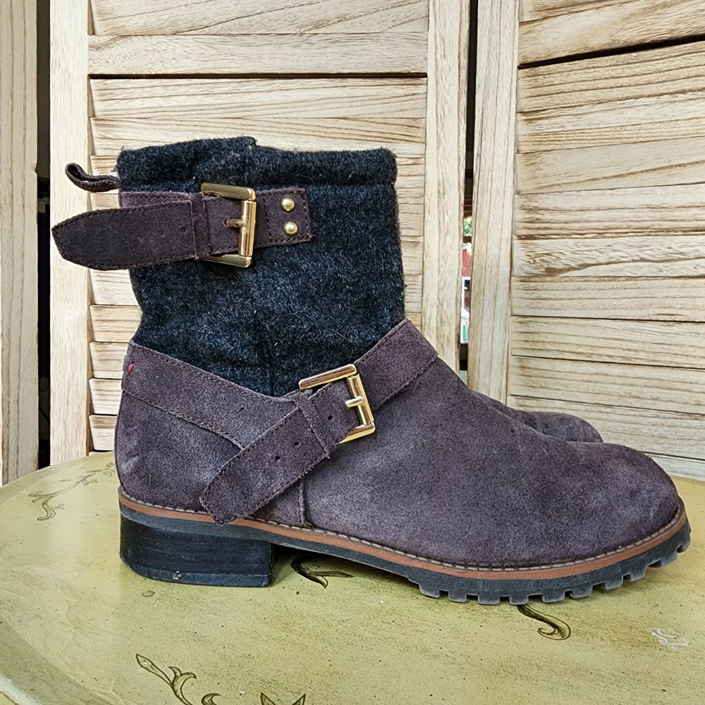 Tommy Hilfiger Sz 8M Brown Suede Wool Ankle Moto Combat Boots Fall Winter Biker